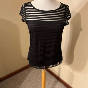 WHBM Black Short Sleeve Striped Sheer At Chest Shirt Sz XS